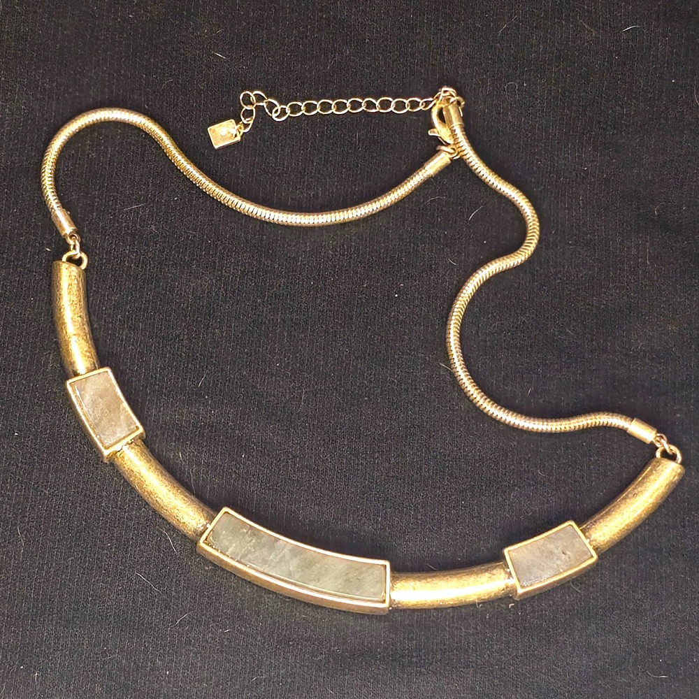 Banana Republic Gold Tone Grey Stone Inlay Bar Snake Chain Collar Necklace
